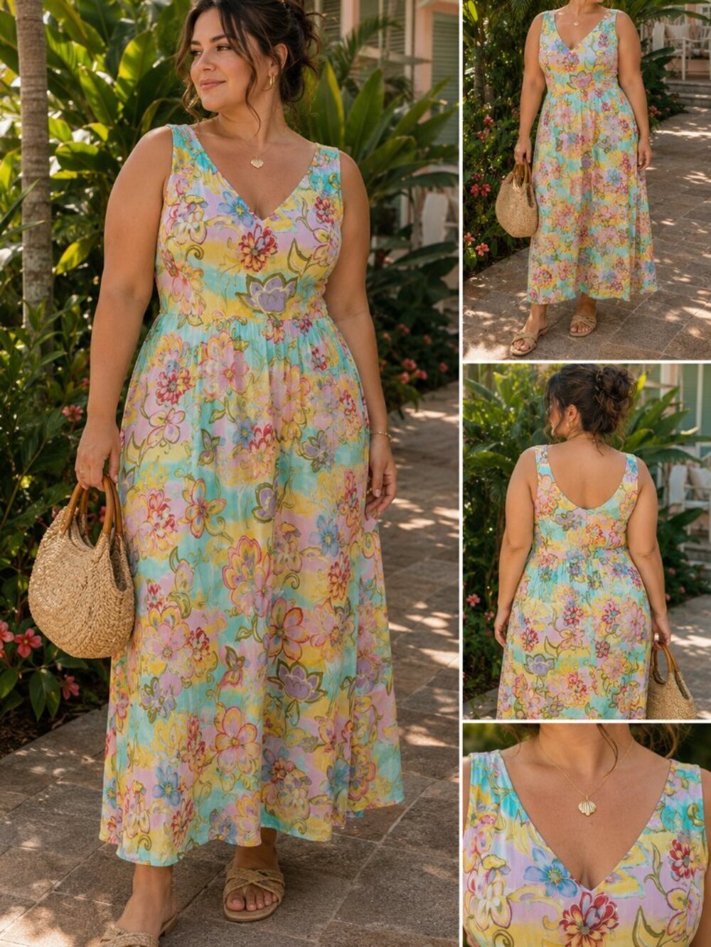 Bila 100% Rayon Floral Midi Dress Women’s Large Boho Tropical Resort Vacation